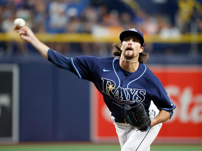 Aug 20, 2021; St. Petersburg, Florida, USA; Tampa Bay Rays pitcher Chris Mazza (15) throws a pitch during the seventh inning against the Chicago White Sox at Tropicana Field.